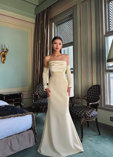 Apricot Simple Mermaid Strapless Satin Long Prom Dress Formal Dress Party Dress HZ1023